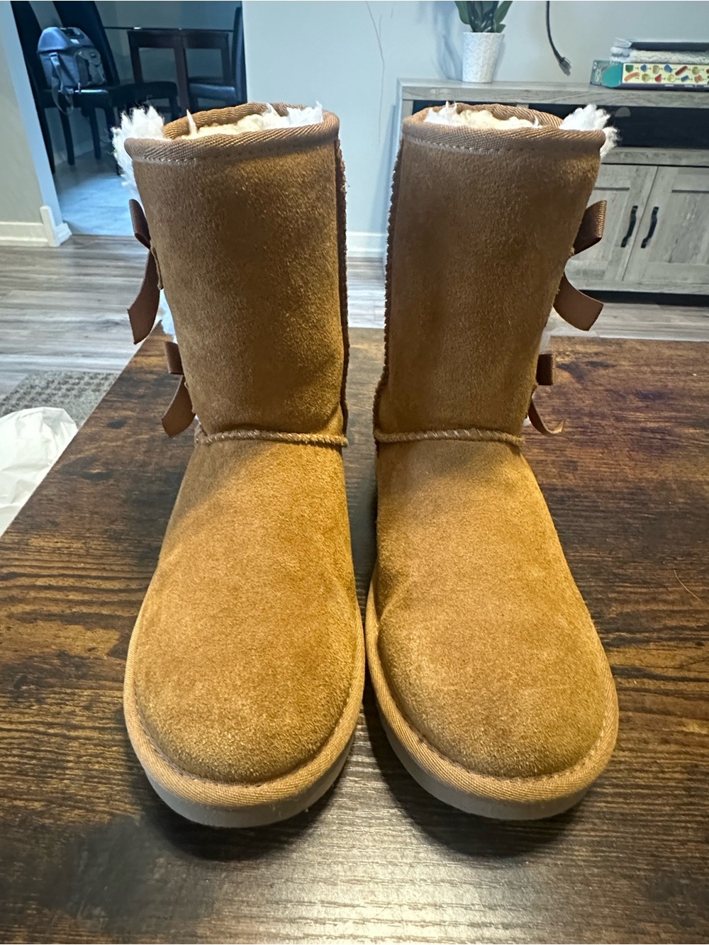 Koolaburra Chestnut Suede Shearling-Lined Boots with Side Bows